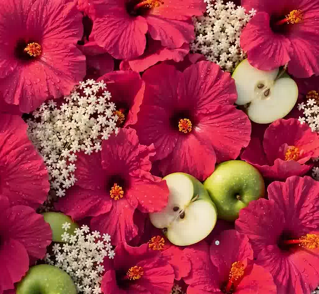 Hibiskus çiçekleri arasında mürver çiçekleri ve yeşil elmalar