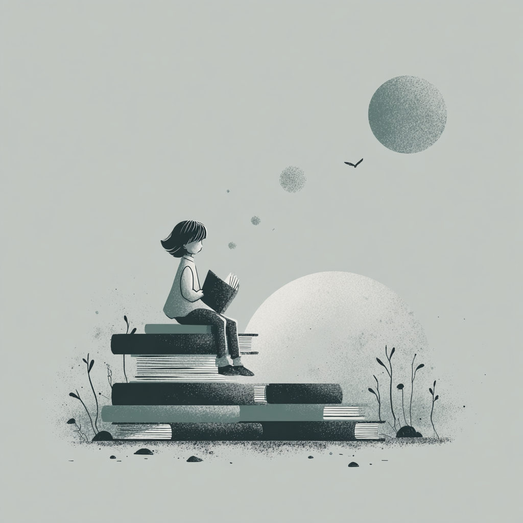 Kitaplar üstünde ay ışığında çocuk