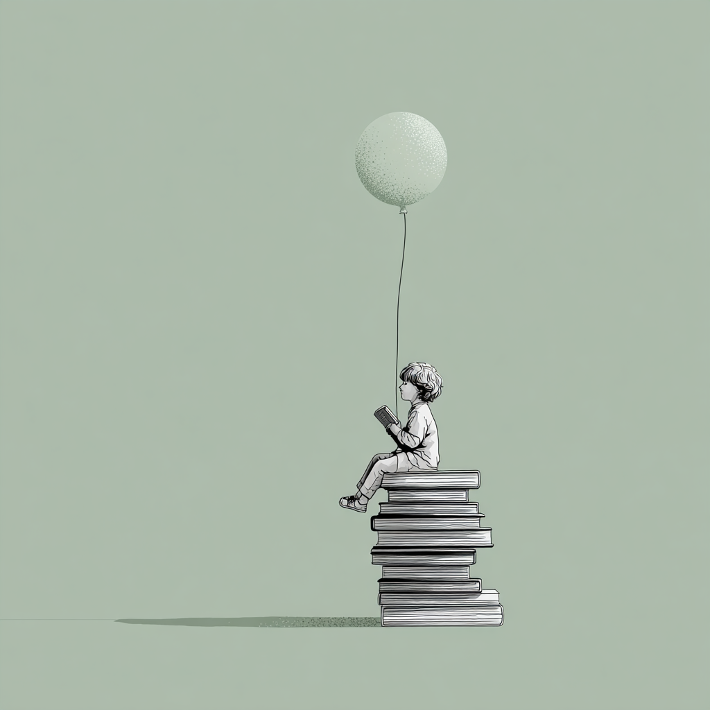 Balonlu çocuk kitap yığını üstünde